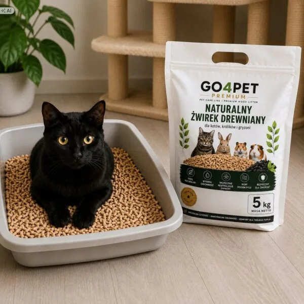 Żwirek drewniany GO4PET - kot w kuwecie Kot w kuwecie wypełnionej żwirkiem drewnianym GO4PET