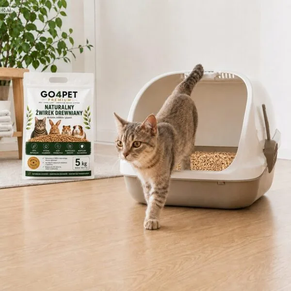 Żwirek drewniany GO4PET - kot wychodzi z kuwety Kot wychodzący z kuwety ze żwirkiem drewnianym GO4PET