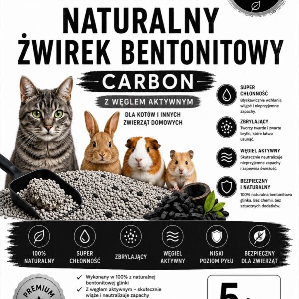 Etykieta opakowania żwirku bentonitowego GO4PET Premium Active Carbon z węglem aktywnym