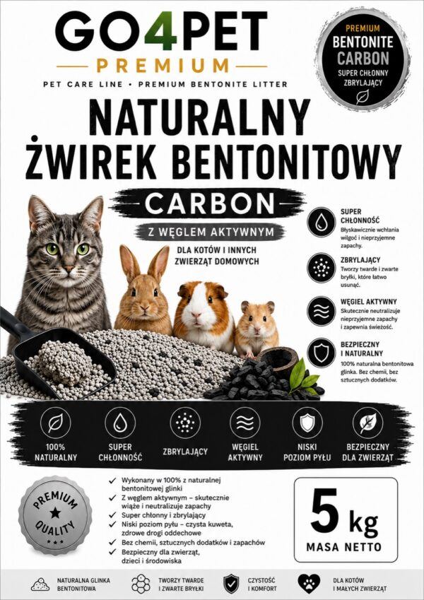 Etykieta opakowania żwirku bentonitowego GO4PET Premium Active Carbon z węglem aktywnym