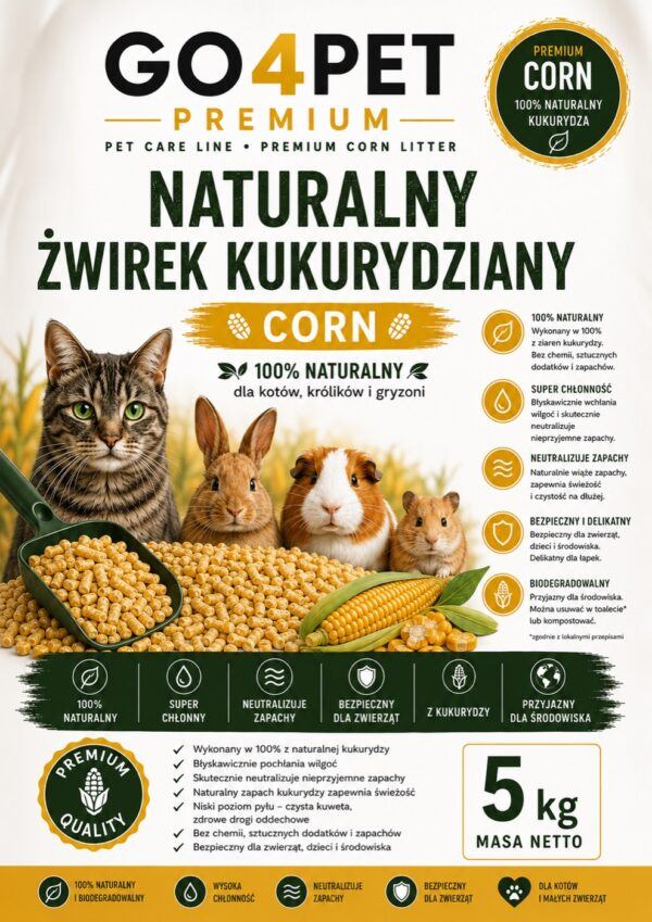 Etykieta GO4PET Corn Golden - żwirek kukurydziany Etykieta opakowania żwirku kukurydzianego GO4PET Corn Golden